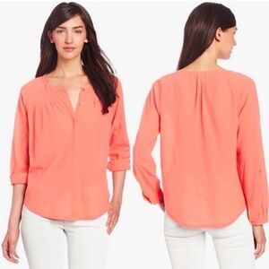 Joie Adelman Coral Cotton Crepe Henley Blouse Raglan Roll Tab Sleeve Top S